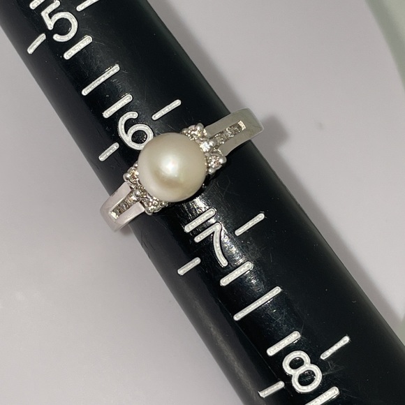 Solid Stamped 14K White Gold Genuine Cultured Pearl Natural Diamond Ring - Picture 11 of 13